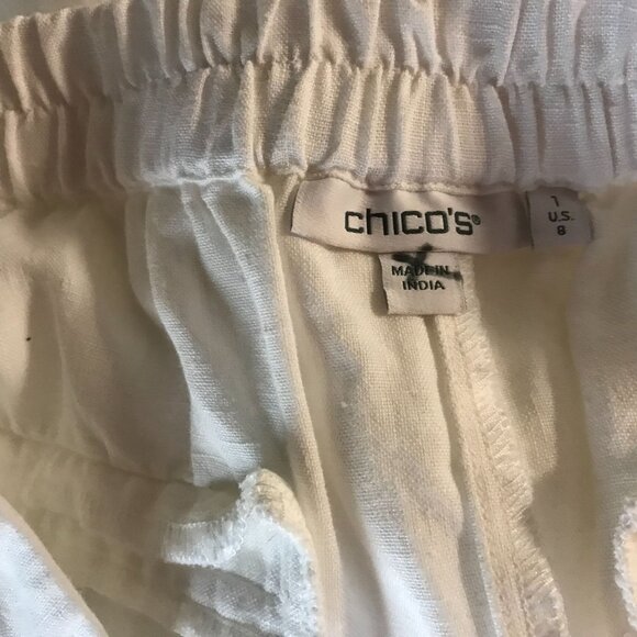 CHICO'S - WOMEN'S 1 US 8- WHITE 100% LINEN ELSTIC WAIST PULL-ON PANTS - Picture 3 of 4